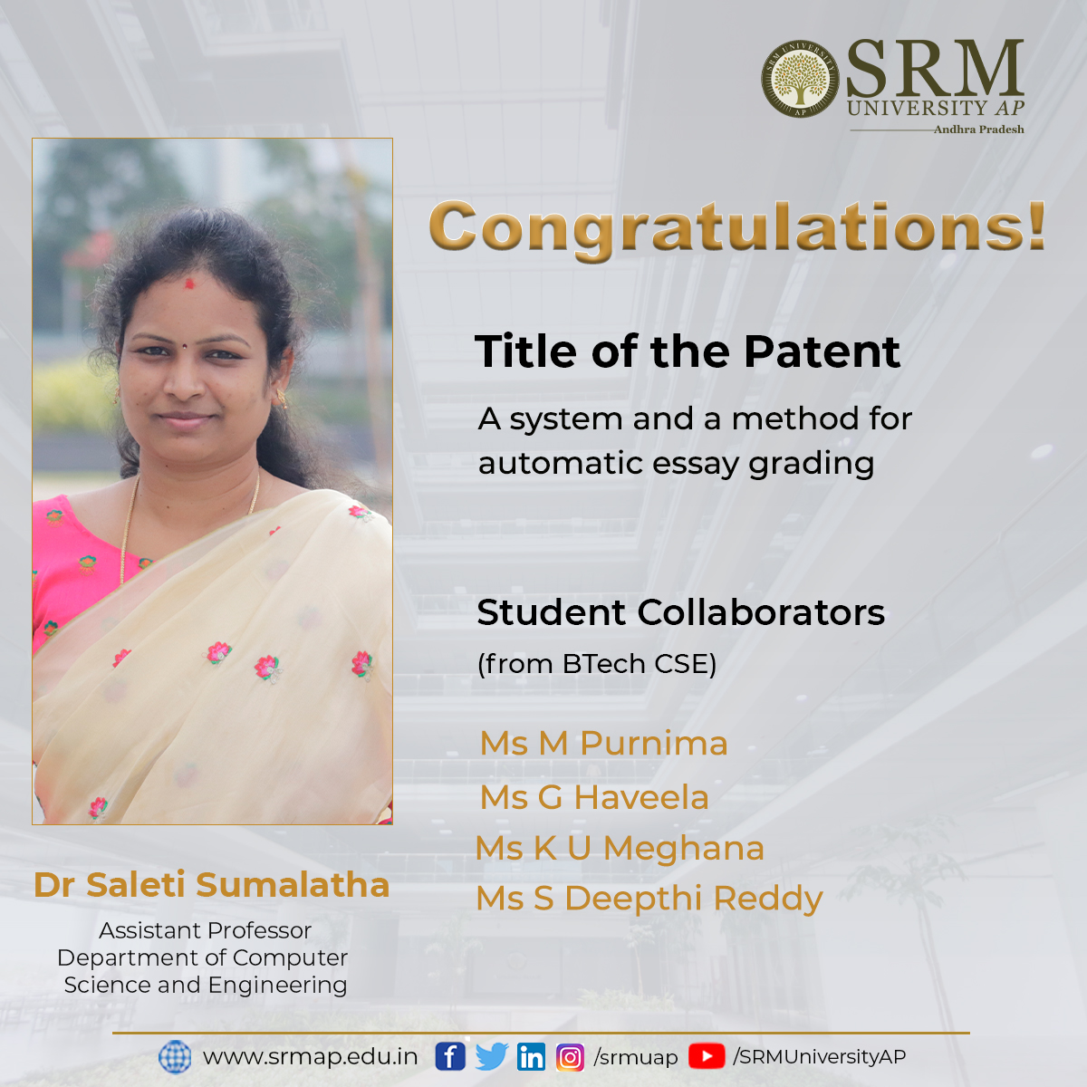 Free Sumalatha Porn - Dr Saleti Sumalatha published two patents in a row | SRM University AP,  Andhra Pradesh